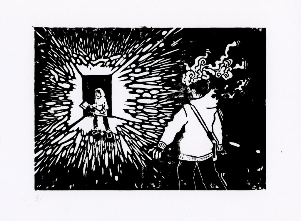 Simon a Simon, inspirováno hrou Cry of Fear, linoryt / Simon and Simon, inspired by video game Cry of Fear, linocut