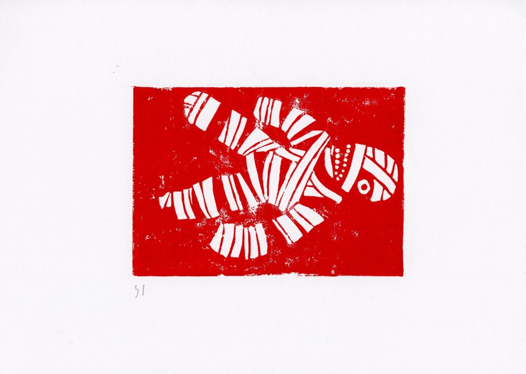 Curly, inspirováno hrou Mouthwashing, linoryt / Curly, inspired by video game Mouthwashing, linocut